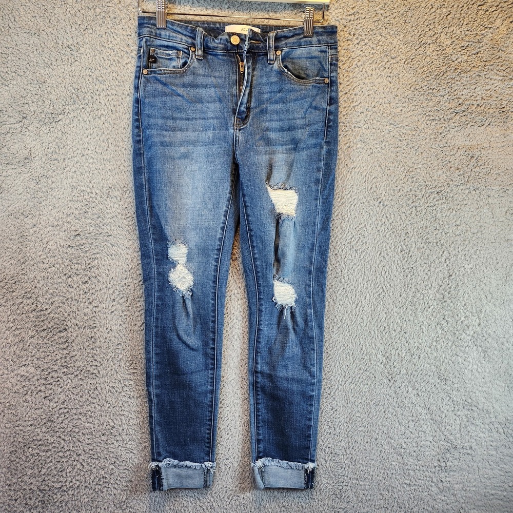 Kancan Jeans Womens 5 (Fits 28x26.5) Blue Distressed Mid Rise Tapered Streetwear
